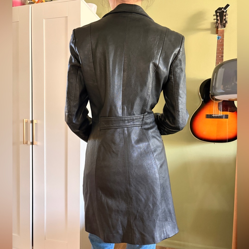 Vintage Women's Black Leather Button-Front Coat - Picture 2 of 4